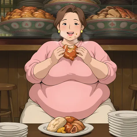 1girl,solo,mm,mature female,brown hair,black eyes,short hair,earrings,lipstick,anime coloring,
pink sweater,pants,looking at viewer, smile,indoors, eating food, sitting, in front of tones of food, table, stool, happy, blush, open eyes wide, 
,masterpiece,b...
