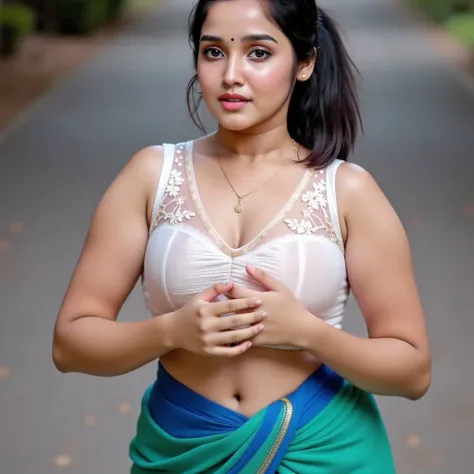 front view, extreme long shot photo of sexy indian, look at viewer and subtle smile, curvy athletic figure, open arms, sexy armpits, sweating, doing push ups in fog, ponytail, necklace, white see through lace bra, blue and green  saree, glossy lips, (cinem...