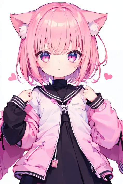 nsfw、 transparent pink short hair、 oversized jacket 、 The color depicted on the giant 、elementary school student 、 small breasts、is very beautiful、Shining eyes 、Cat ears、(((((small body)))))、hearts❤