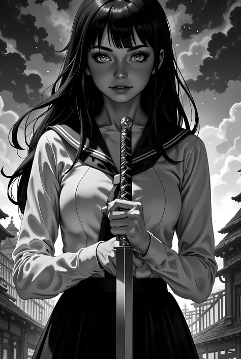g,goth black and white anime art, (black and white art: 1.5) mostly black and white, a full body portrait of a beautiful woman in school uniform, holding a sword, best detailed face, black hair, long hair hair, blue eyes, wearing white school shirt, wearin...