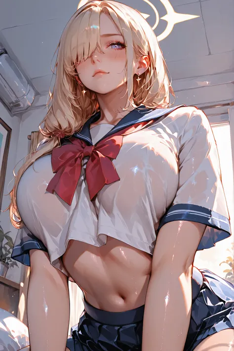 1girl,JK,mesugaki, shiny skin,facial expressions: pout,angle: medium shot,viewpoint: low angle,pose: lie on stomach,hair style: low ponytail,bangs: hair over eyes,hair length: short,hair type: straight,hair color: silver,eye color: soft violet,outfits: sch...