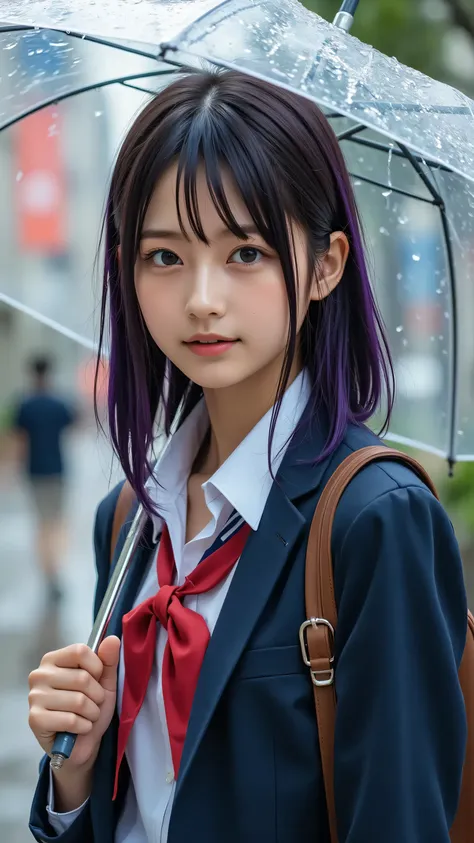 A hyper-detailed, photorealistic cowboy shot (waist-up) of an 18-year-old girl, photographed by a professional in a cinematic, rainy urban environment. Her face is youthful and naturally beautiful, with smooth, slightly tanned skin and subtle tan lines alo...