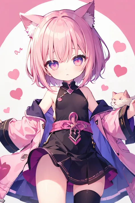 nsfw、 transparent pink short hair、 oversized jacket 、 wears color 、Elementary school students 、 small breasts、so beautiful、Shining eyes 、Cat ears、(((((small body)))))、hearts❤