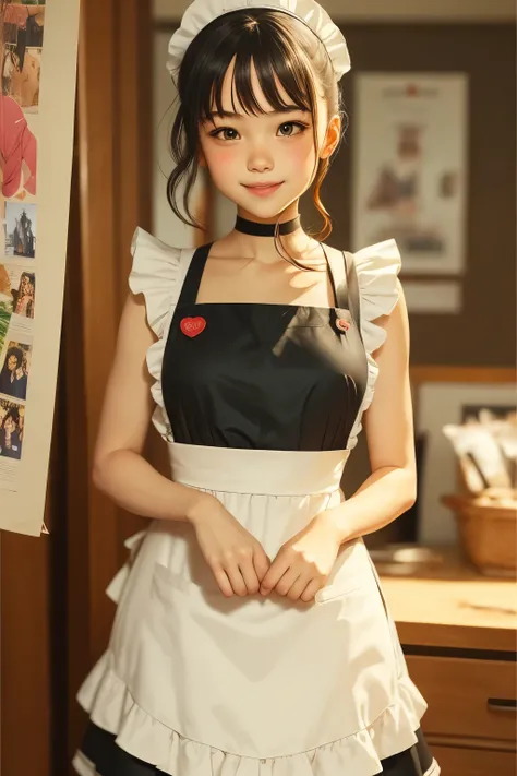 A cute smiling girl in a sleeveless, mini maid outfit with an apron adorns a poster for the anime movie.