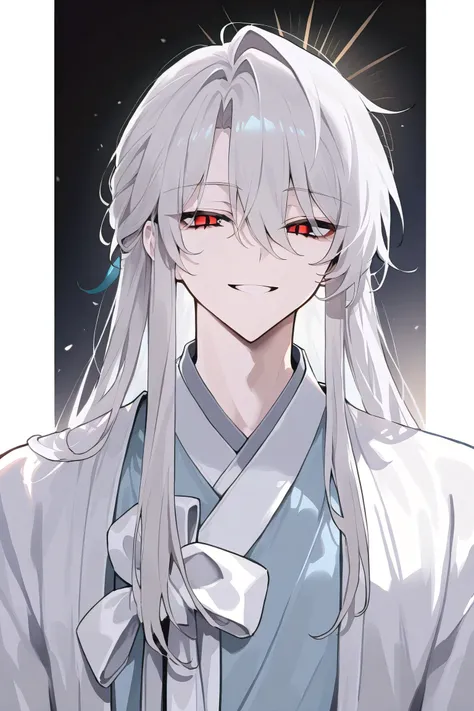 has fox eyes,man,black red hanfu,Smiling ,
