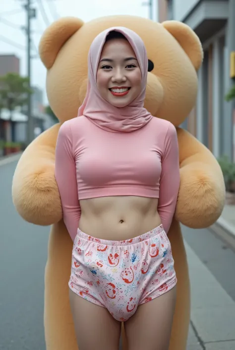 CUTE CHUBBY, MALAY HIJAB GIRL, reaksi Wajah closing mouth smile, (realistic, photo-realistic:1.4), (1 FUTUNARI), big breast, wearing pink cropped singlet and 'Cartoons print' plain panties, hand on hips, ((HEAVY NIPPLES)), (( TRANSPARENT )), ((TEARS)). KED...