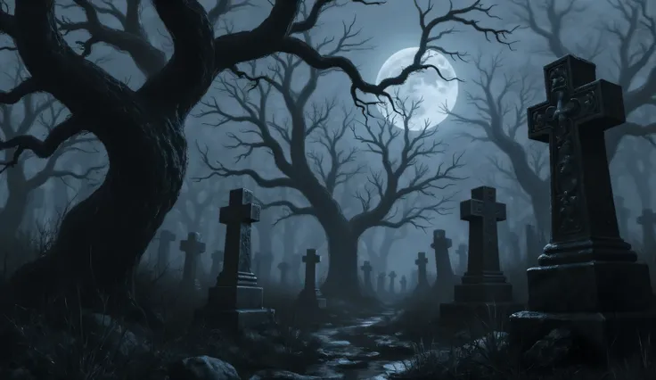 Abandoned graveyard, Gothic cemetery, nighttime, darkness, eerie shadows, twisted trees, foggy, surreal horror, haunting art, high detail, masterpiece.