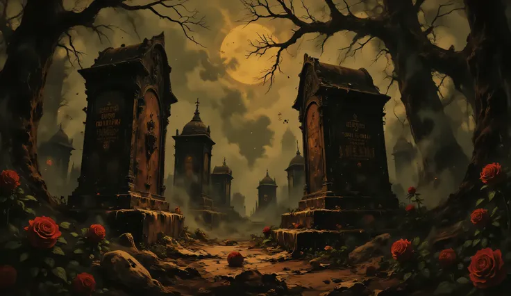 Abandoned graveyard, Gothic cemetery, dilapidated, nighttime, darkness, eerie shadows, twisted trees, foggy, surreal horror, haunting art, high detail, masterpiece.