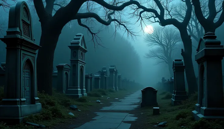 Abandoned graveyard, Gothic cemetery, dilapidated, nighttime, darkness, eerie shadows, twisted trees, foggy, surreal horror, haunting art, high detail, masterpiece.