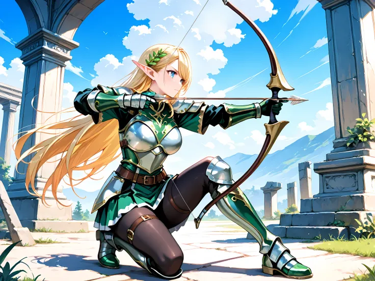 a highly detailed picture of a cool elf girl drawing her bow toward an enemy, with vibrant colors and a sharp focus, in 8K resolution, solo, slant eyes, blue eyes,  ((pointed ears)), Very long hair, shining blonde hair, swept bangs, perfect artwork, pictur...