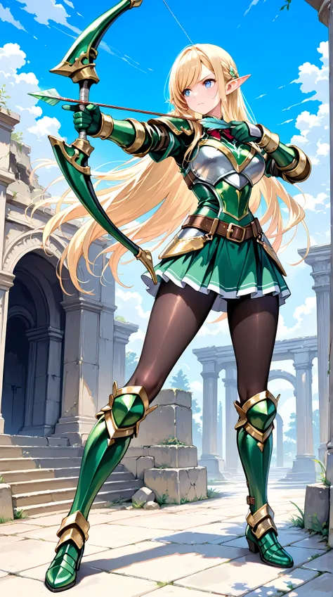 a highly detailed picture of a cool elf girl drawing her bow toward an enemy, with vibrant colors and a sharp focus, in 8K resolution, solo, slant eyes, blue eyes,  ((pointed ears)), Very long hair, shining blonde hair, swept bangs, perfect artwork, pictur...