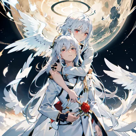 Angelic glowing snowy background,anime couple hugging and kissing ,  long red scarf  , Waiting for the man in formal suit wearing a white and platinum lab coat over a formal suit,Red Eyes, cabello largo color platino anime angel con alas y un halo por enci...