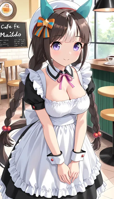 ((top quality, masterpiece, high resolution)), hokko tarumae\(umamusume\), Maid, ((Maid服)), Maid喫茶, cafe, (Horse Tail), Smile, Smile Yan, standing, cleavage