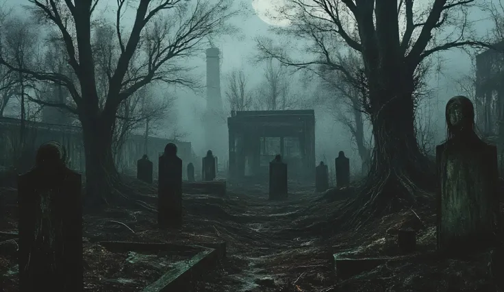 Abandoned graveyard, Gothic cemetery, dilapidated, nighttime, darkness, eerie shadows, twisted trees, foggy, surreal horror, haunting art, high detail, masterpiece.