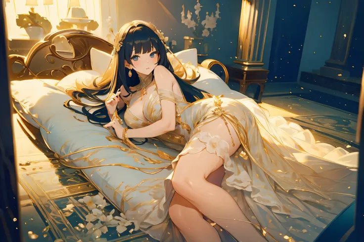 Beautiful woman in a gorgeous dress while wearing perfume。beautiful woman in a luxurious dress。Lying down