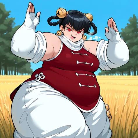masterpiece, best quality, 1girl, solo,  opmll, black hair, short hair, hair rings, twin braids, red eyes, hair bell, earrings, white scarf, red shirt, sleeveless shirt, detached sleeves, elbow gloves, fingerless gloves, white pants, baggy pants, (large br...
