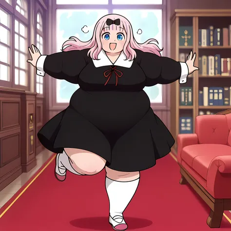 anime screencap, masterpiece, best quality,

1girl, solo, smile, open mouth, floating hair,
blunt bangs, long hair, pink hair, blue eyes, hair bow, black bow,
white collar, neck ribbon, red ribbon, medium dress, black dress, long sleeves,
kneehighs, white ...