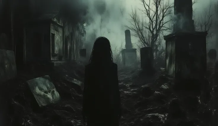 Abandoned graveyard, Gothic cemetery, dilapidated, nighttime, darkness, eerie shadows, twisted trees, foggy, surreal horror, haunting art, high detail, masterpiece.