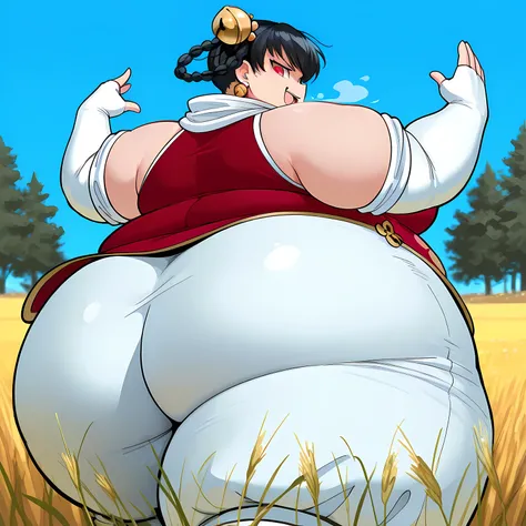 masterpiece, best quality, 1girl, solo,  opmll, black hair, short hair, hair rings, twin braids, red eyes, hair bell, earrings, white scarf, red shirt, sleeveless shirt, detached sleeves, elbow gloves, fingerless gloves, white pants, baggy pants, (large br...
