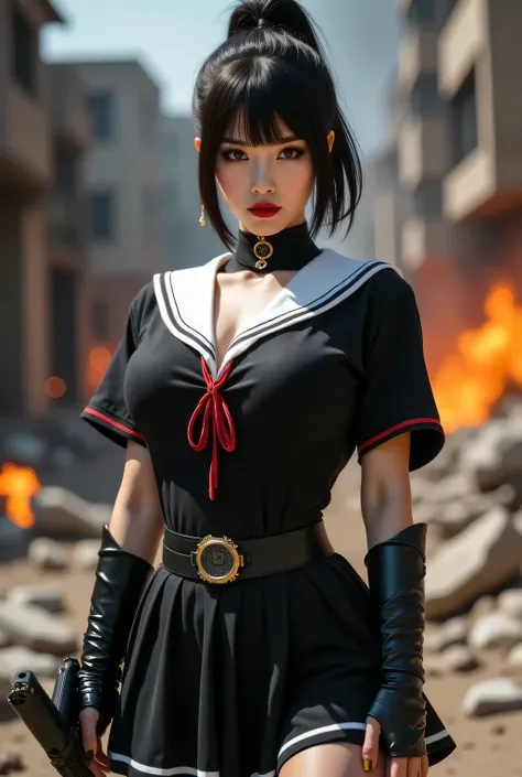 A villainous young lady wearing a sailor uniform and carrying a weapon in battle.
Background is a destroyed city.
Super beautiful Japanese girl, villainess, looks like a intimidating dominatrix, condescending gaze, staring at the viewer, makeup, long false...