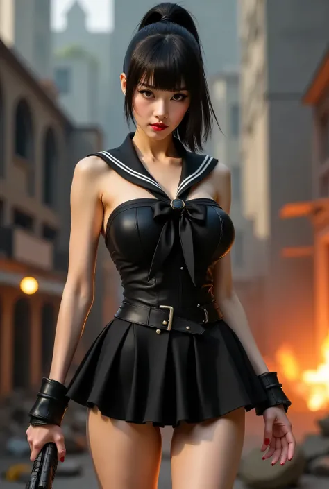 A villainous young lady wearing a sailor uniform and carrying a weapon in battle.
Background is a destroyed city.
Super beautiful Japanese girl, villainess, looks like a intimidating dominatrix, condescending gaze, staring at the viewer, makeup, long false...