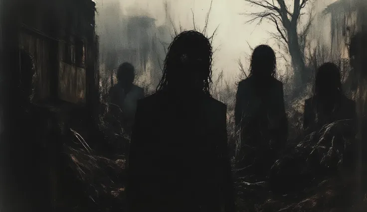 Abandoned graveyard, Gothic cemetery, dilapidated, nighttime, darkness, eerie shadows, twisted trees, foggy, surreal horror, haunting art, high detail, masterpiece.