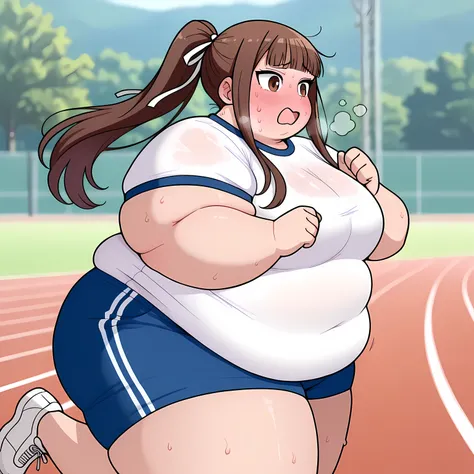 anime screencap, masterpiece, best quality,

1girl, , embarrassed, nervous, , blush,
high ponytail, blunt bangs, long hair, brown hair, brown eyes, hair ribbon, white ribbon,
gym shirt, white shirt, short sleeves, gym shorts, blue shorts,
running, , cowboy...
