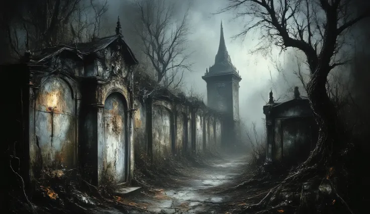 Abandoned graveyard, Gothic cemetery, dilapidated, nighttime, darkness, eerie shadows, twisted trees, foggy, surreal horror, haunting art, high detail, masterpiece.