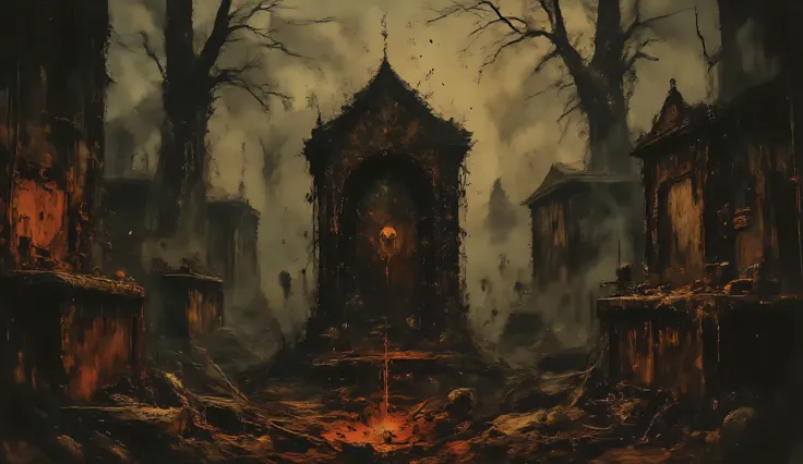 Abandoned graveyard, Gothic cemetery, dilapidated, nighttime, darkness, eerie shadows, twisted trees, foggy, surreal horror, haunting art, high detail, masterpiece.