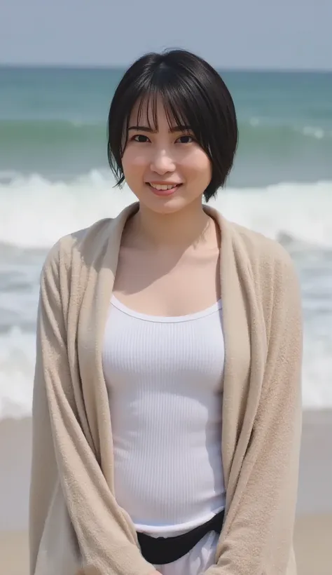 Japanese woman、 cute、18 years old、sea、  at the edge of the waves、open、bikini、Show Her Teeth and Laugh Big、close-up、chest、Between the breasts、Chest、 moon、bright natural light、passion、high image quality、after being played in high resolution