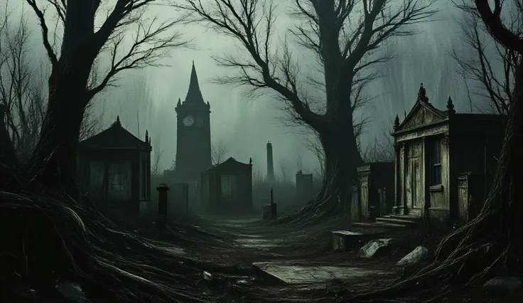 Abandoned graveyard, Gothic cemetery, dilapidated, nighttime, darkness, eerie shadows, twisted trees, foggy, surreal horror, haunting art, high detail, masterpiece.