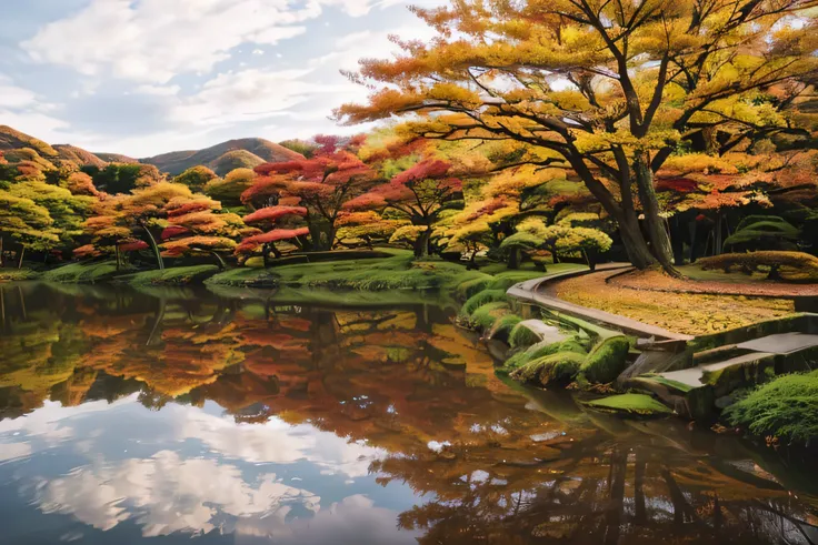 This image shows vivid autumn leaves, The bright red color, orange on the back, yellow, green table、It creates a spectacular colored tapestry. and the bright colors reflect on the glossy, the black table surface, reflect the exquisite scenery, doubles the ...
