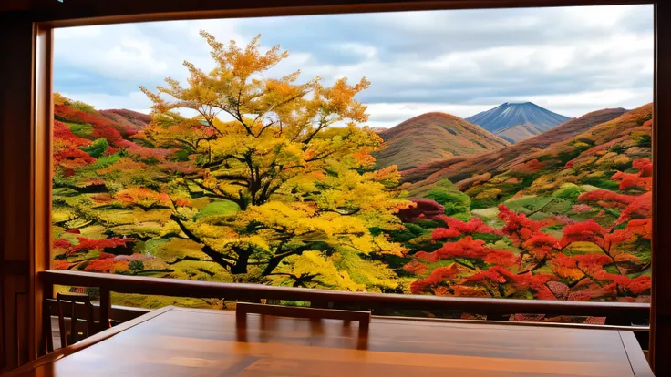 This image shows vivid autumn leaves, The bright red color, orange on the back, yellow, green table、It creates a spectacular colored tapestry. and the bright colors reflect on the glossy, the black table surface, reflect the exquisite scenery, doubles the ...