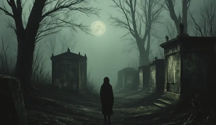 Abandoned graveyard, Gothic cemetery, dilapidated, nighttime, darkness, eerie shadows, twisted trees, foggy, surreal horror, haunting art, high detail, masterpiece.