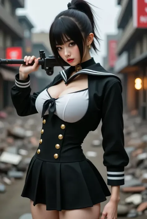 A villainous young lady wearing a pants style sailor uniform.
Carrying in battle.
Background is a destroyed city.
Super beautiful Japanese girl, villainess, looks like a intimidating dominatrix, condescending gaze, staring at the viewer, makeup, long fals...