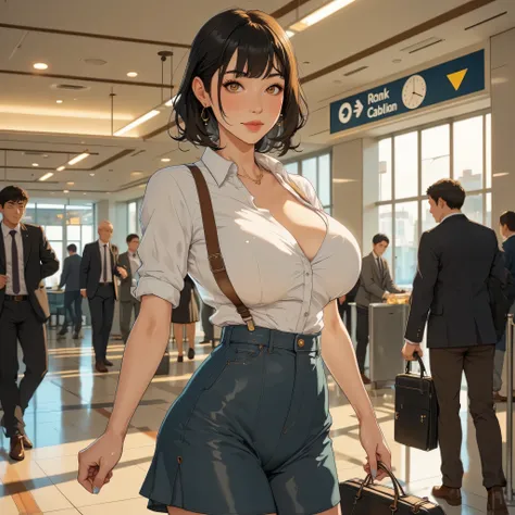  Stylish and bustling international airport terminal。Cute 30-Year-Old Woman、big 、deep cleavage、white shirt、many people々but行き交い、Express the flow of people with motion blur。In front of you、Attractive cabin attendant walking in a glamorous position（CA）but、Sli...