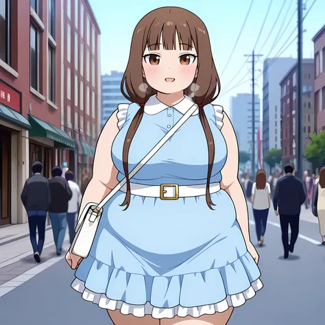anime screencap, masterpiece, best quality,

1girl, people, closed mouth, light smile, blush,
low twintails, blunt bangs, long hair, brown hair, brown eyes, hair tie,
sleeveless dress, frilled dress, light blue dress, short sleeves, white belt,
white shoul...