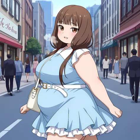 anime screencap, masterpiece, best quality,

1girl, people, closed mouth, light smile, blush,
low twintails, blunt bangs, long hair, brown hair, brown eyes, hair tie,
sleeveless dress, frilled dress, light blue dress, short sleeves, white belt,
white shoul...