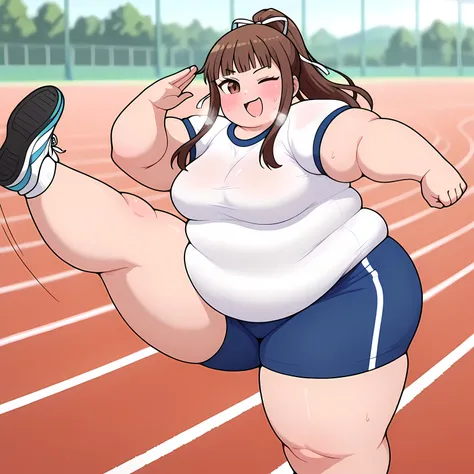 anime screencap, masterpiece, best quality,

1girl, , smile, blush,
high ponytail, blunt bangs, long hair, brown hair, brown eyes, hair ribbon, white ribbon,
gym shirt, white shirt, short sleeves, gym shorts, blue shorts,
high kick, looking at viewer, cowb...