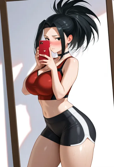 nose blush, shiny legs, shiny body, shiny hair, clear skin, clear body, short hair,, white background, simple background, standing, (masterpiece), best quality, expressive eyes, perfect face,1girl,(large breasts), sweat, sweaty, sweaty:1.3, nose blush, loo...