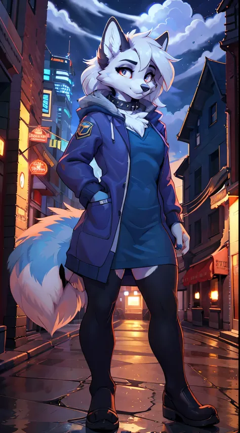 (obra maestra, Tops), incredible quality, very aesthetic, absurd, high resolution, new, HDR-10, 8K, cinematic, professional photo, Alone, full body, Anthropomorphic blue fox girl wearing blue sweatshirt, Falda, fox face,  Linda way, shiny coat,  Large fluf...