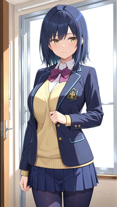 solo,masterpiece,best quality, amazing quality, highres, absurdres, very aesthetic, high resolution, ultra detailed, perfect details,nijirin,large breasts,yellow eyes,blue hair,black hair,moles,medium hair,nijirincos,white shirt,collared shirt,purple bowti...
