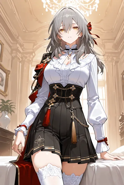score_9, score_8_up, score_7_up, masterpiece, best quality, very aesthetic, absurdres, tunning image, attractive image, solo, 1girl, adult grown woman, stelle (honkai: star rail), grey hair, bangs, hair between eyes, long hair, yellow eyes, masterpiece,bes...