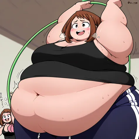  uraraka ochako,  1girl , brown hair,brown eyes,short hair, blush stickers、 My Hero Academia、motion line、 Anime Coloring、、Big 、mature female、 Masterpiece、 high quality、 high image quality、 pretty finger、 detailed face, tank top, black shirt, sweatpants, da...
