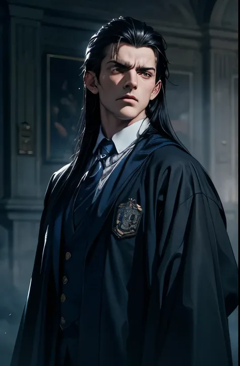 handsome gloomy guy with long black hair in a robe with a blue tie,dramatic portrait,detailed facial features,serious expression,moody atmosphere,dramatic lighting,cinematic composition,professional portrait photography,high resolution,8K,HDR,physically-ba...