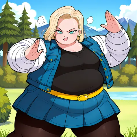 masterpiece,best quality,mount paozu,nature, a18, 1girl,solo, blonde hair,light blue eyes, short hair, black shirt, white striped sleeves, blue denim skirt,(gold belt buckle:1.11), long sleeves,blue denim jacket, breast pocket,open jacket, grass, bush, thi...