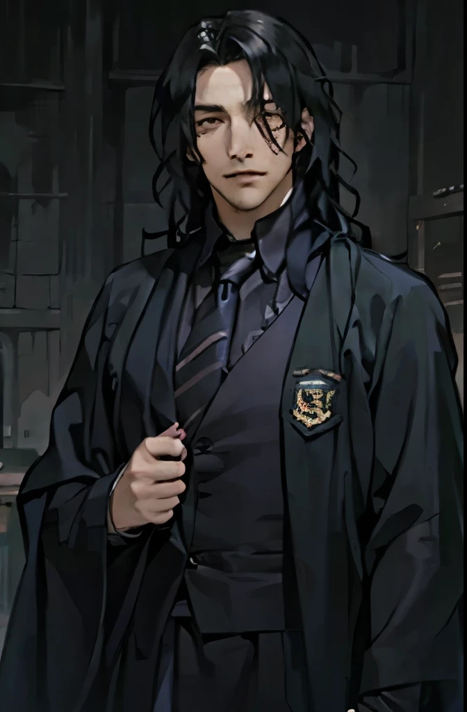 handsome gloomy guy with long black hair in a robe with a blue tie