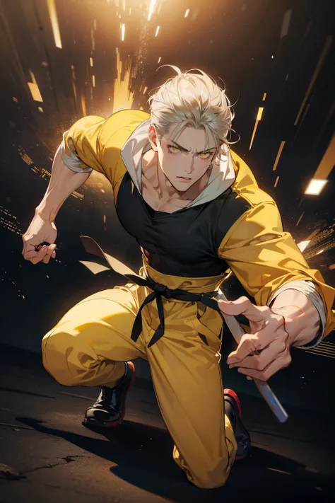 Realistic,PHOTOREALISTIC,HDR,ultra high definition,studio lighting,ultra detailed description,professional ,bright color,flour,One Punch Man,yellow eyes,gray hair,18 years old,man,177cm,black chewy polar that shows off the body,white dojo pants,Dojo strap,...