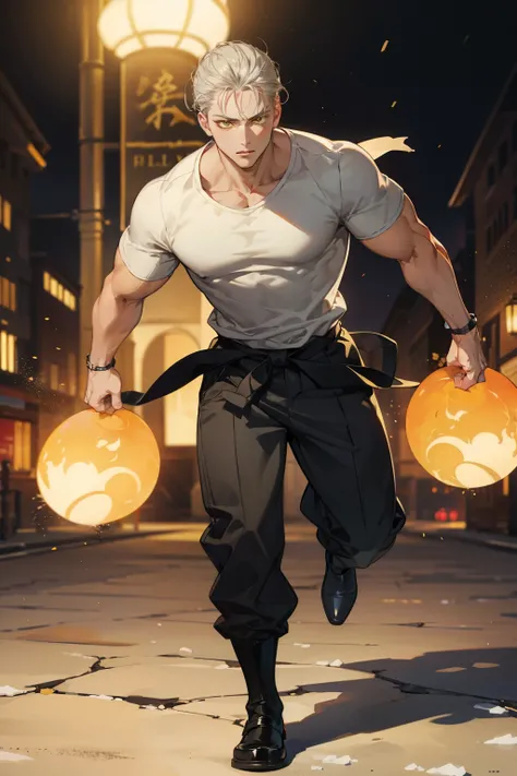 Realistic,PHOTOREALISTIC,HDR,ultra high definition,studio lighting,ultra detailed description,professional ,bright color,flour,One Punch Man,yellow eyes,gray hair,18 years old,man,177cm,black chewy polar that shows off the body,white dojo pants,Dojo strap,...