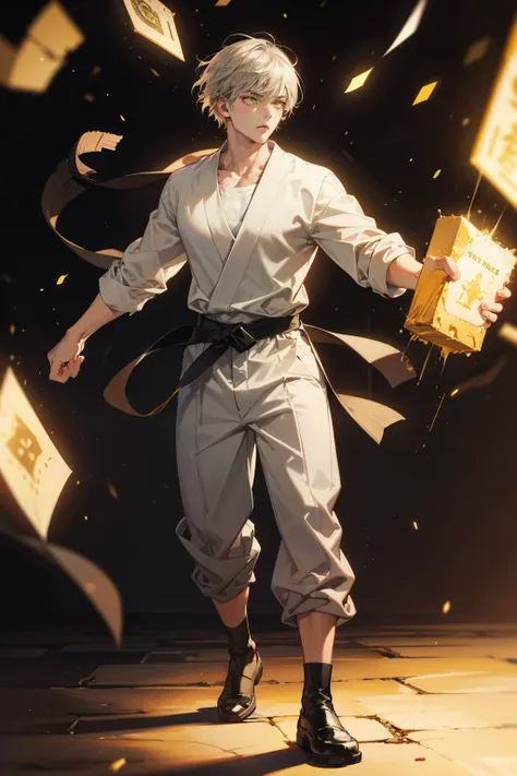 Realistic,PHOTOREALISTIC,HDR,ultra high definition,studio lighting,ultra detailed description,professional ,bright color,flour,One Punch Man,yellow eyes,gray hair,18 years old,man,177cm,black chewy polar that shows off the body,white dojo pants,Dojo strap,...
